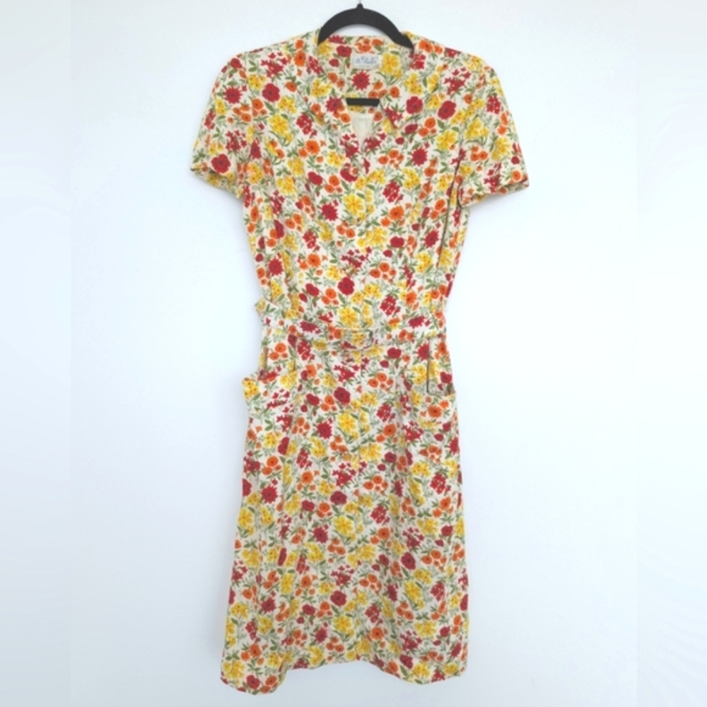Vintage McMullen 1960s 100% Linen Floral Print Button Front Dress Belt Sz 12